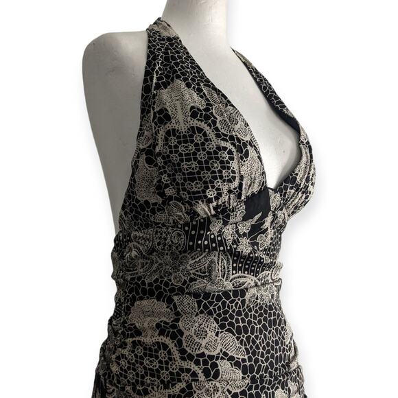 y2k Silk Lace Silhouette Print Halter Midi Pencil Dress - Picture 2 of 7